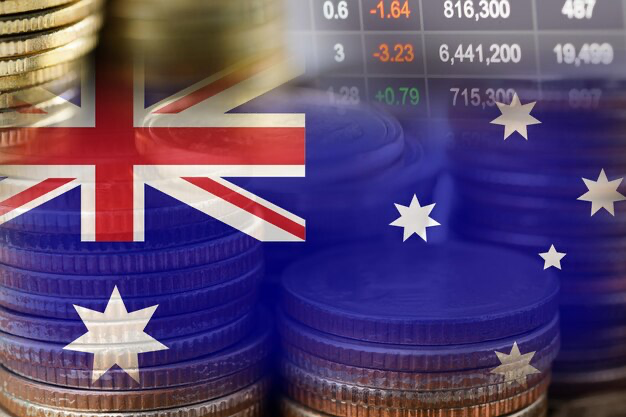 Australia flag on a background of coins and stock quotes