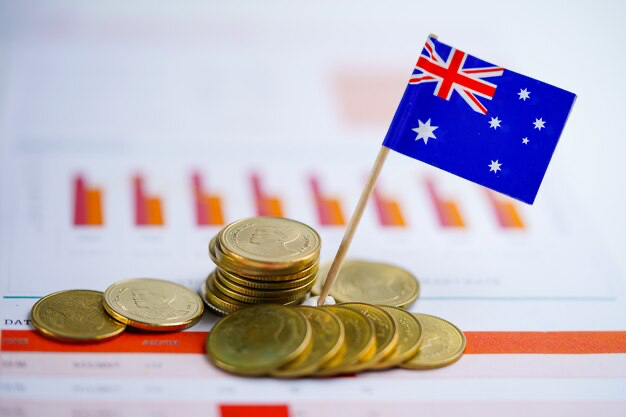 Australia flag with coins on graph background