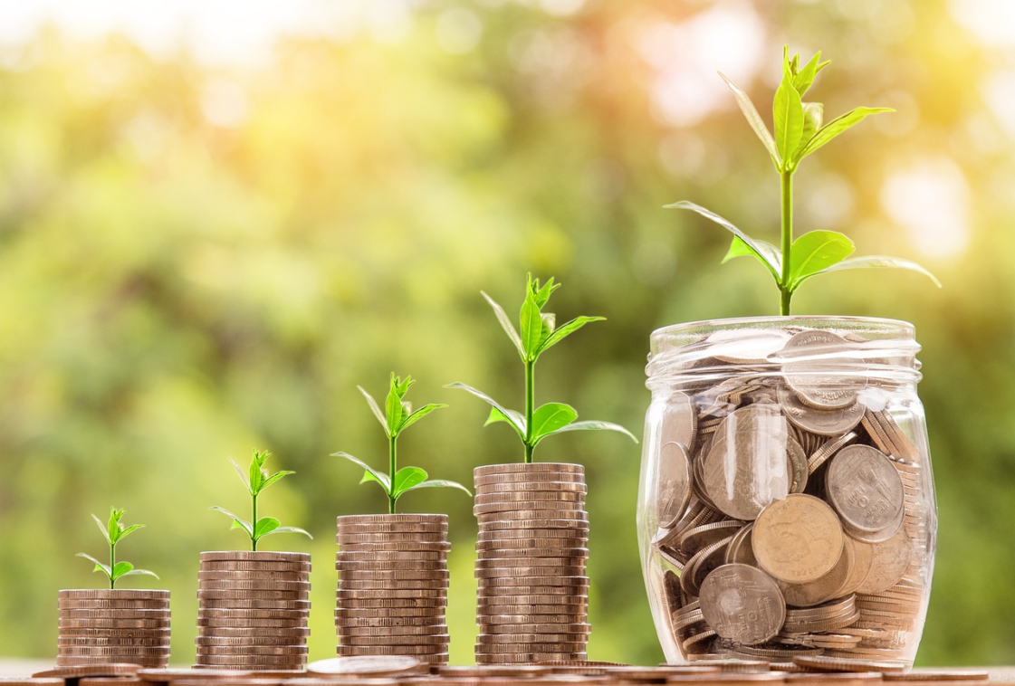 A jar filled with coins and plant sprouts