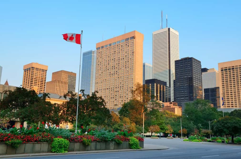 Toronto's cityscape with Canadian flag and greenery in the foreground