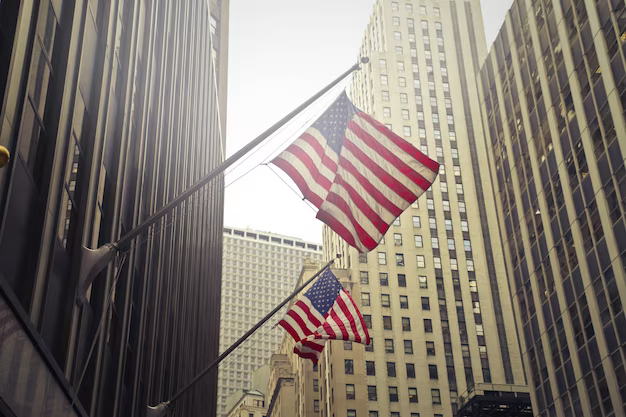 American flags on a high rise building