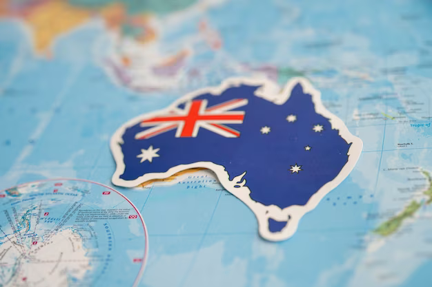 Australia flag on world map background